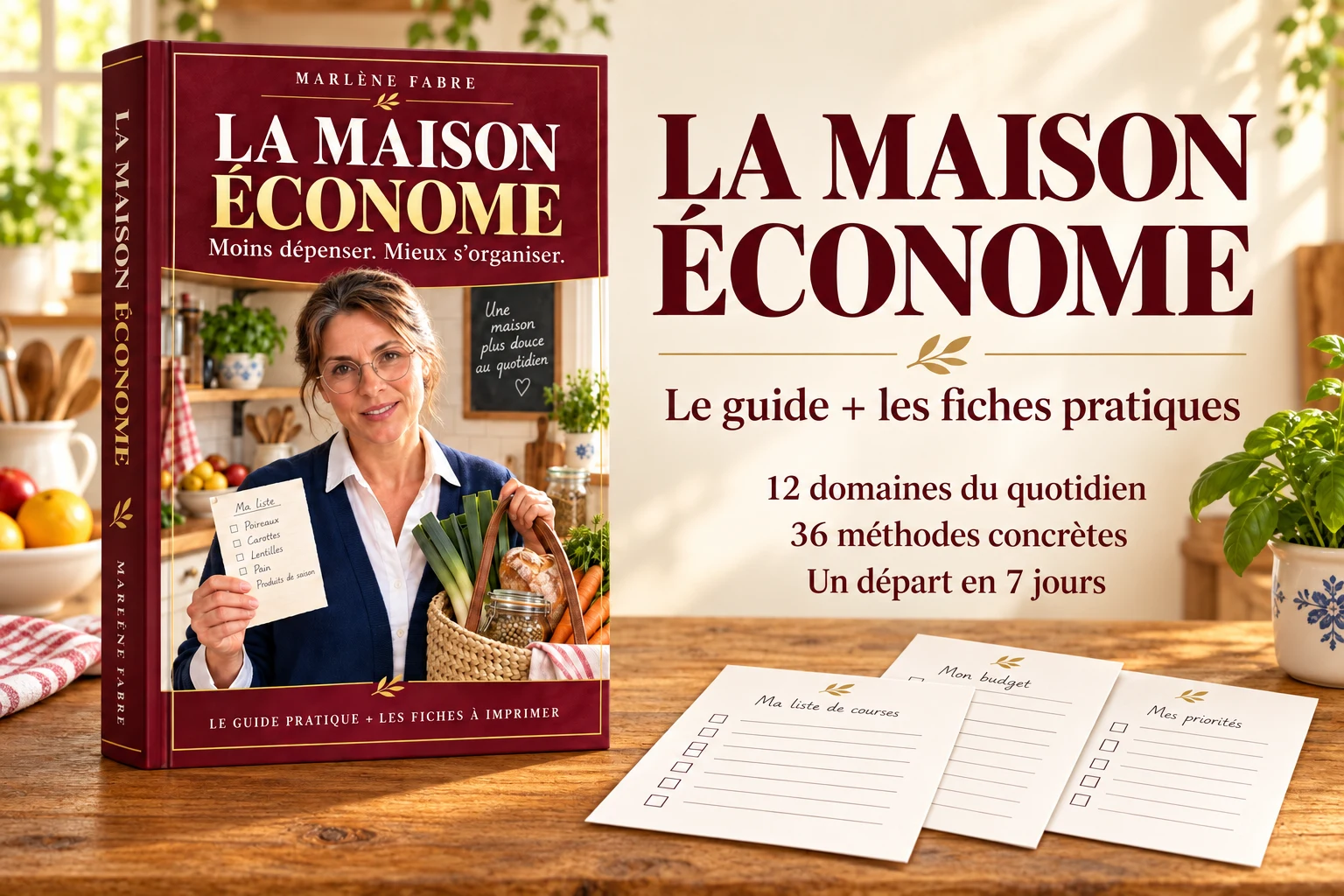 La maison économe · Un cahier séparé de 25 pages : 12 fiches A4 à remplir, chacune suivie d’un exemple fictif complété. Imprime uniquement celles dont tu as besoin.